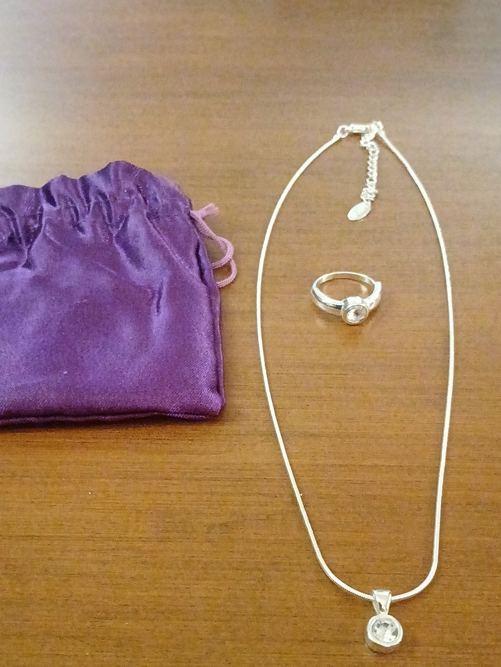 Vintage LVBYR Silver Tone Crystal Pendant Necklace Ring Set -Size 6 - 16" Chain